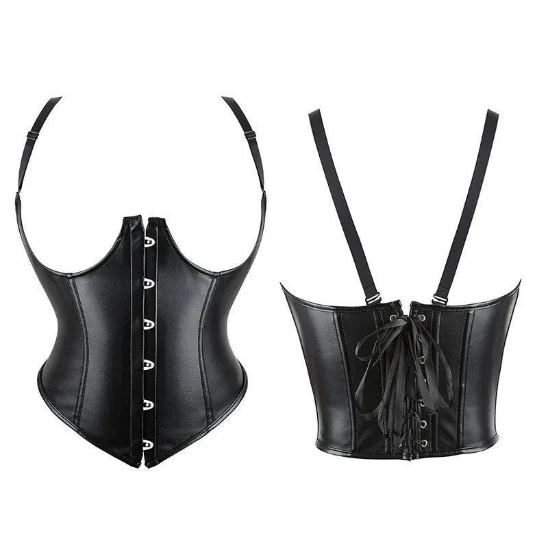 Plus Size Black Leather Corset Waist Trainer Vest With Strap 10 Plastic Bones S-6Xl - Xl