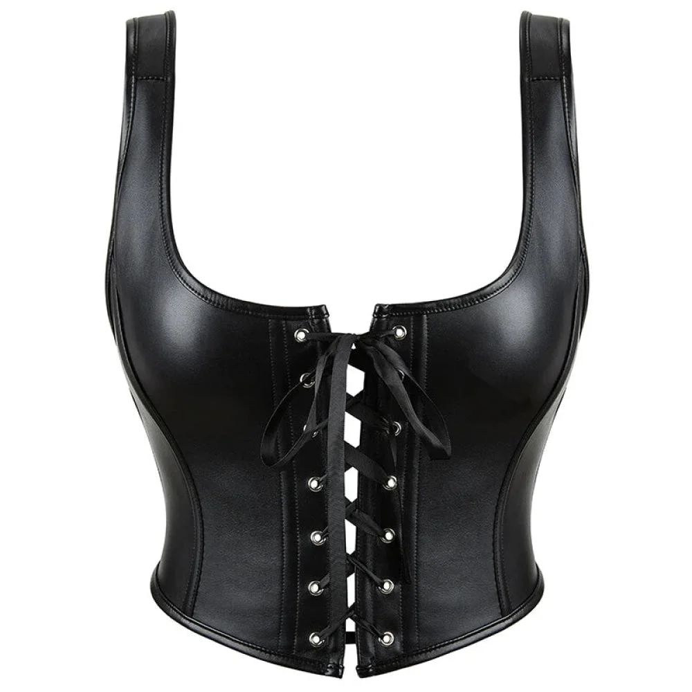 12-Bone Shoulder Strap Corset Crop Top Synthetic Leather Lacing Ribbon Bandaged Design Women - S