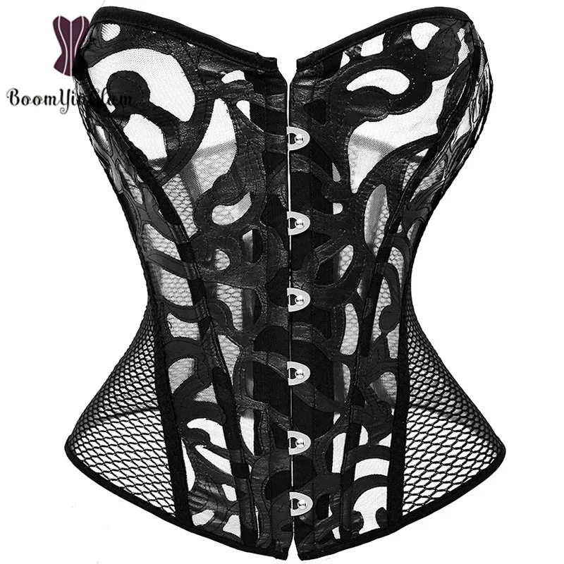 Mesh Net Corset Black White See Through Bustier For Alluring Slimming And Breathability - White - L