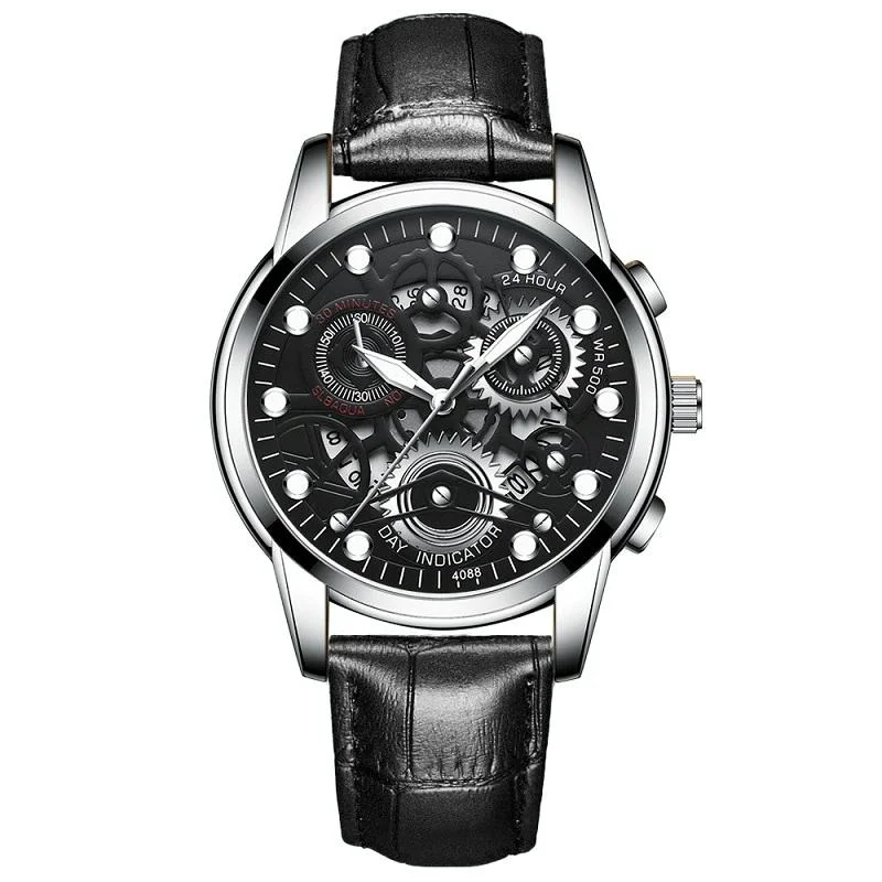 Waterproof Luminous Men Quartz Watch - Hollow Design - Black Leather White Steel Black Surface