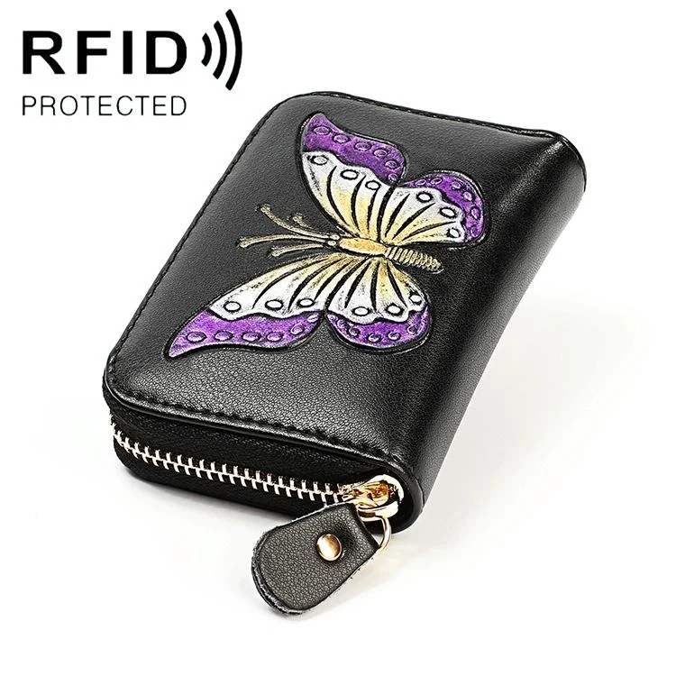 Leather Wallet with Rfid Protection and Butterfly Pattern - Purple