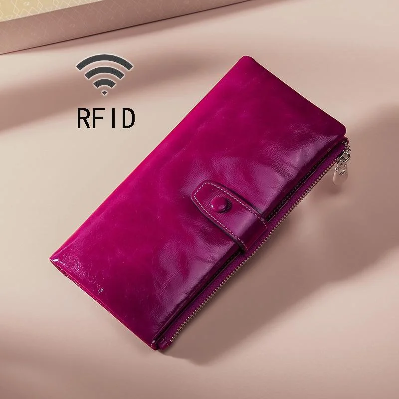 Oilskin Leather Rfid Zip Wallet - Brown - Purple