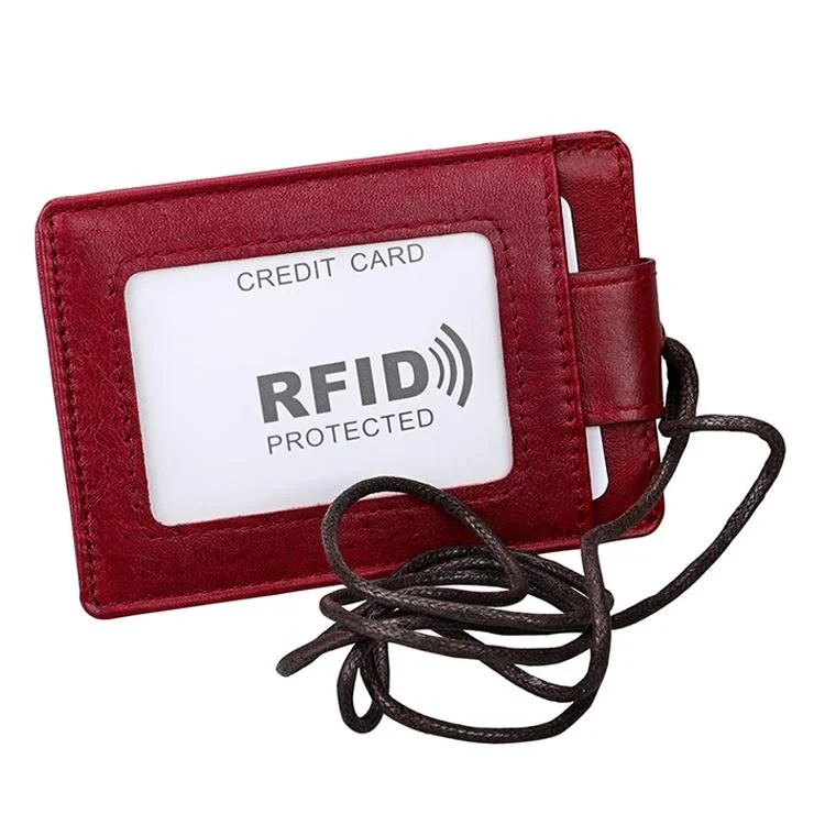 Leather Rfid Card Holder Lanyard - Compact & Secure - Red