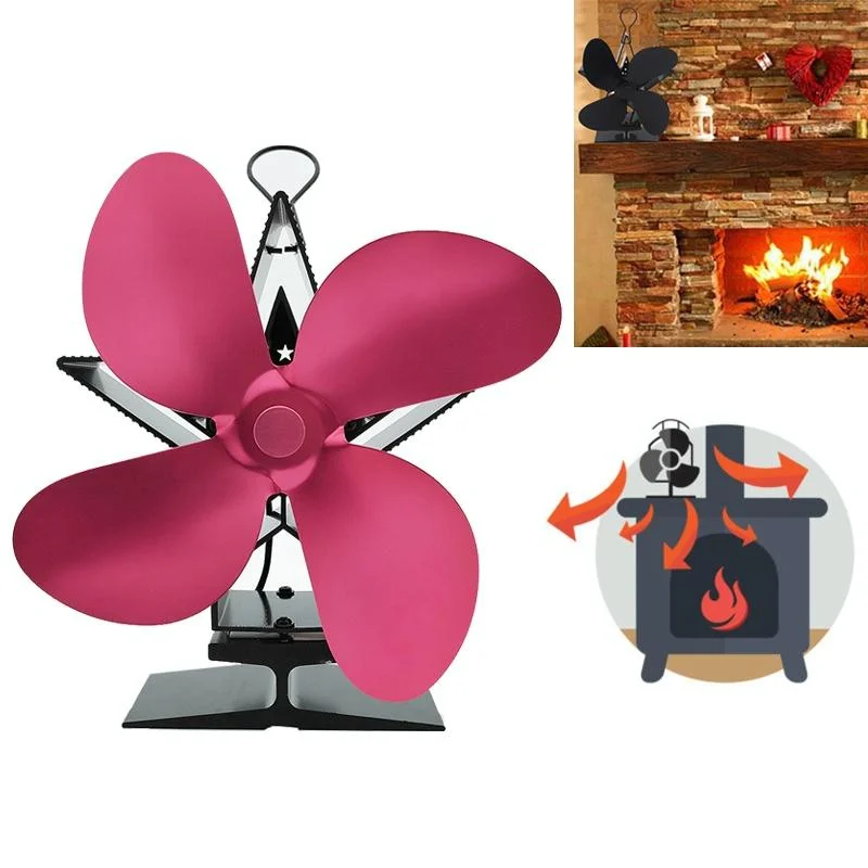 Efficient 4-blade Heat-powered Stove Fan - Aluminum - Red