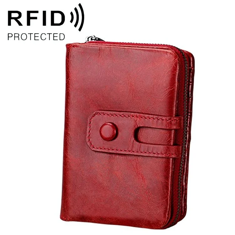 Zip Rfid Crazy Horse Leather Wallet - Brown - Red