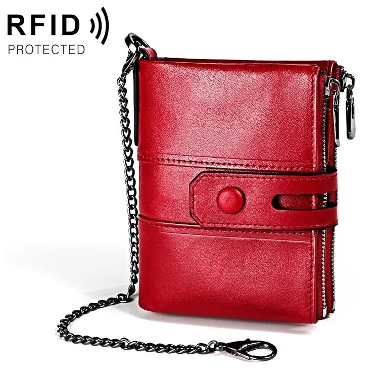 Double Zip Rfid Chain Wallet with Card Slots - Red