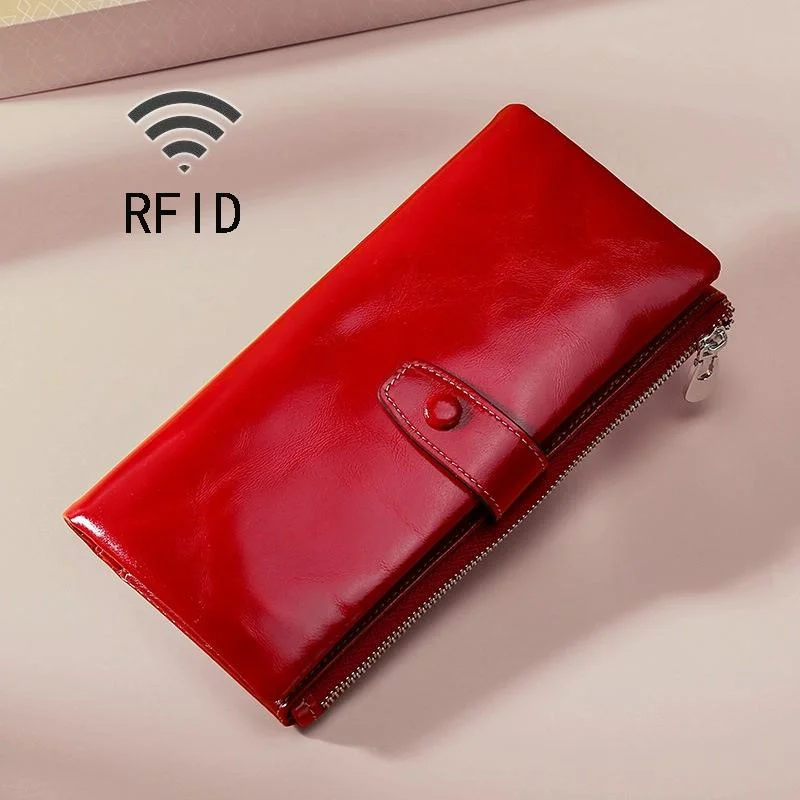 Oilskin Leather Rfid Zip Wallet - Brown - Red