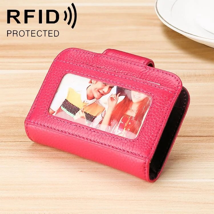 Women Cowhide Leather Rfid Wallet - Horizontal Design - Rose Red