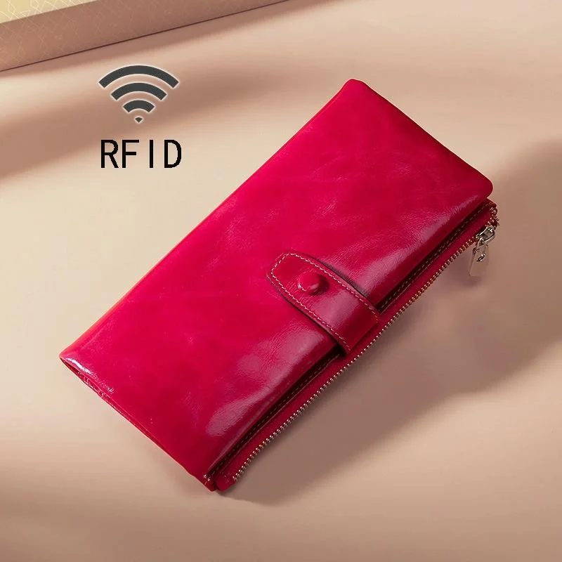 Oilskin Leather Rfid Zip Wallet - Brown - Rose Red