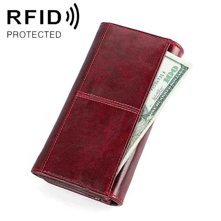 Versatile Retro Leather Rfid Lady Wallet - Wine Red