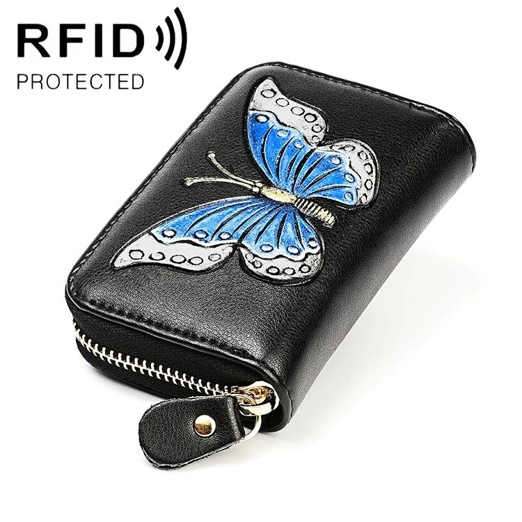 Leather Wallet with Rfid Protection and Butterfly Pattern - Silver