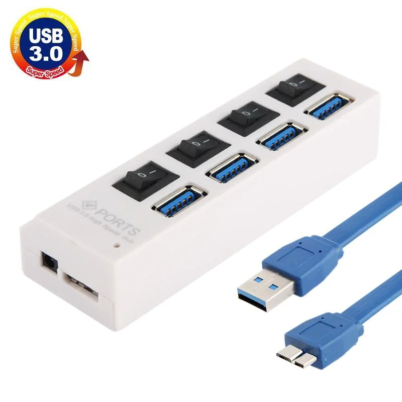 4-Port Usb 3.0 Hub 5Gbps Speed Plug & Play 1Tb Support - White