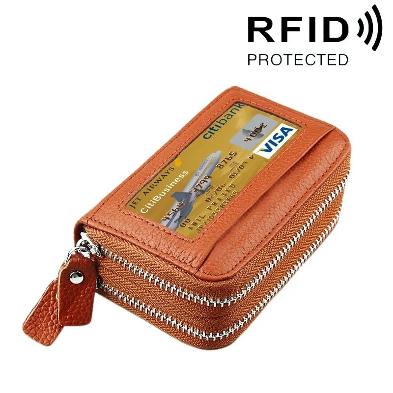 11-slot Rfid Blocking Leather Card Holder Wallet with Coin Pocket - Brown