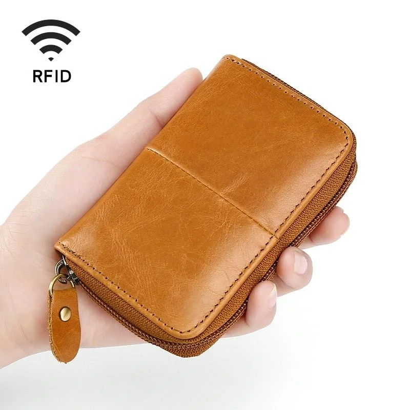 Leather Rfid Zipper Card Holder with Change Pocket - Brown