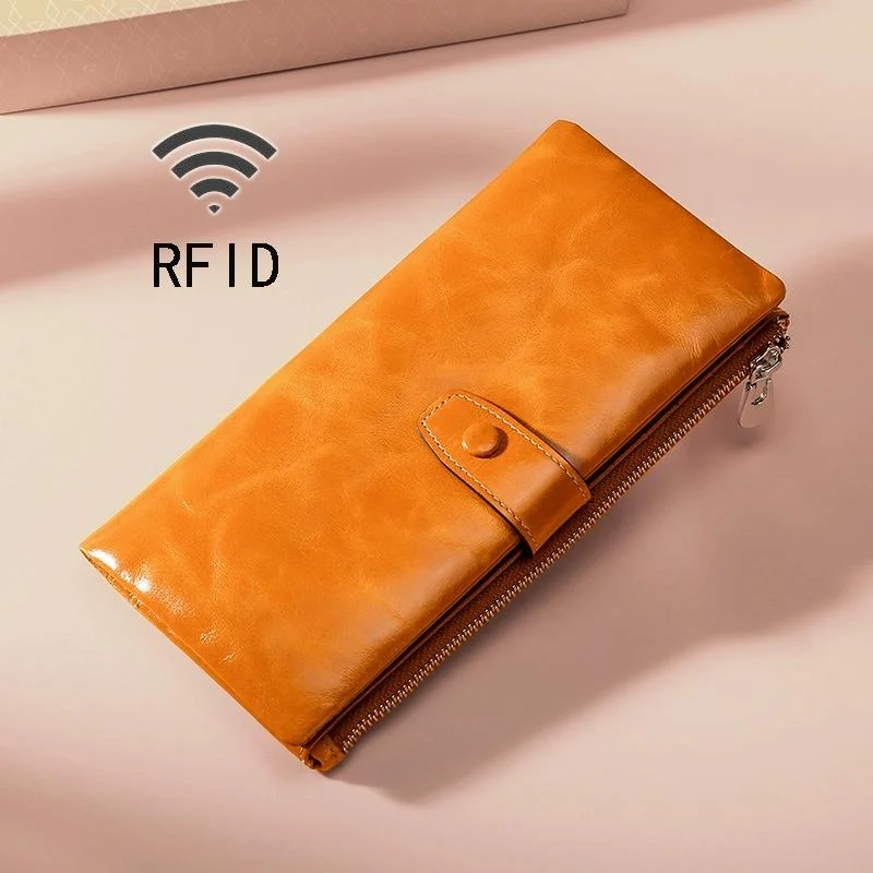 Oilskin Leather Rfid Zip Wallet - Brown - Brown