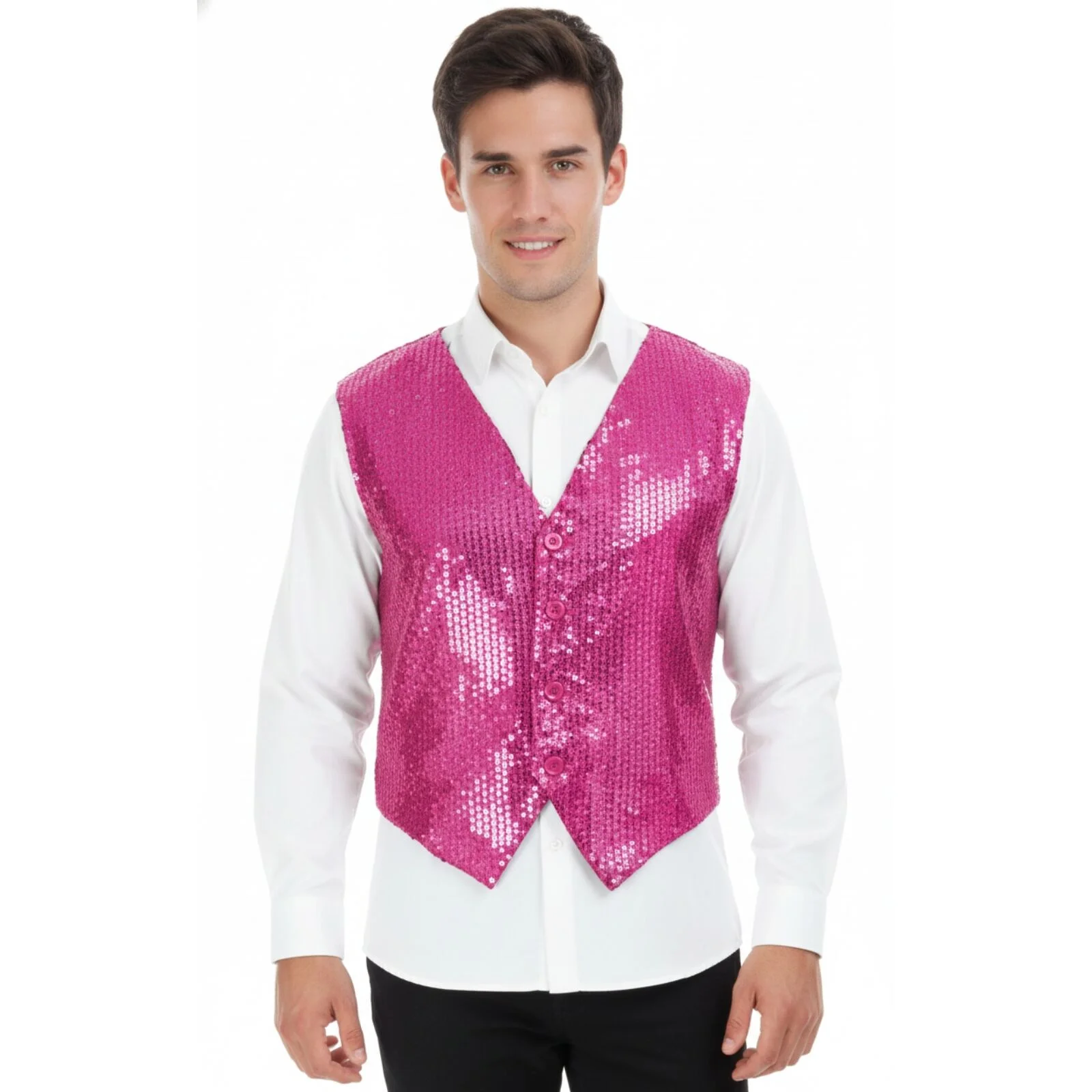 Mens Premium SEQUIN VEST Waistcoat Dance Costume Disco Sparkle Deluxe - Pink