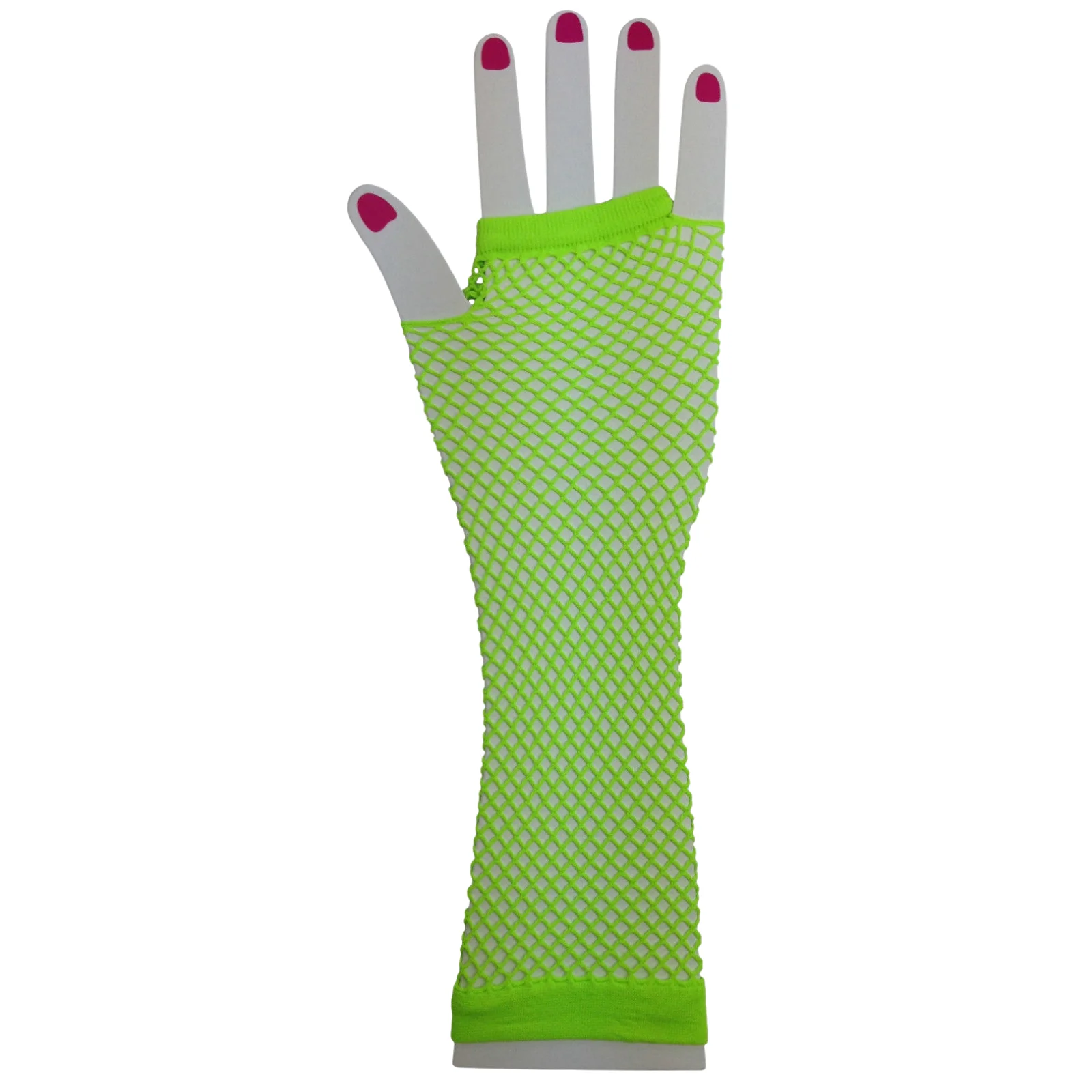 Long Elbow Length Fishnet Gloves Fingerless 70s 80s Womens Costume Party Dance in Fluro Green