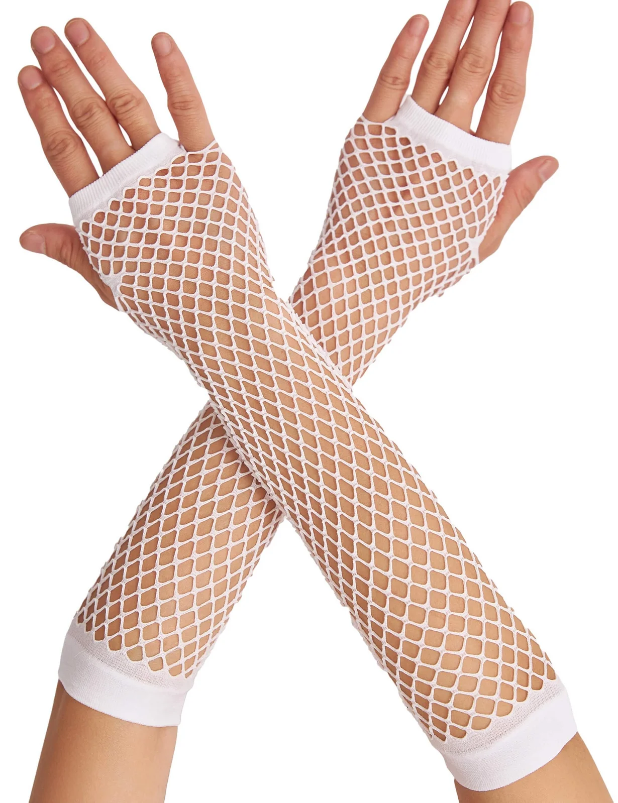 Long Elbow Length Fishnet Gloves Fingerless 70s 80s Womens Costume Party Dance in White