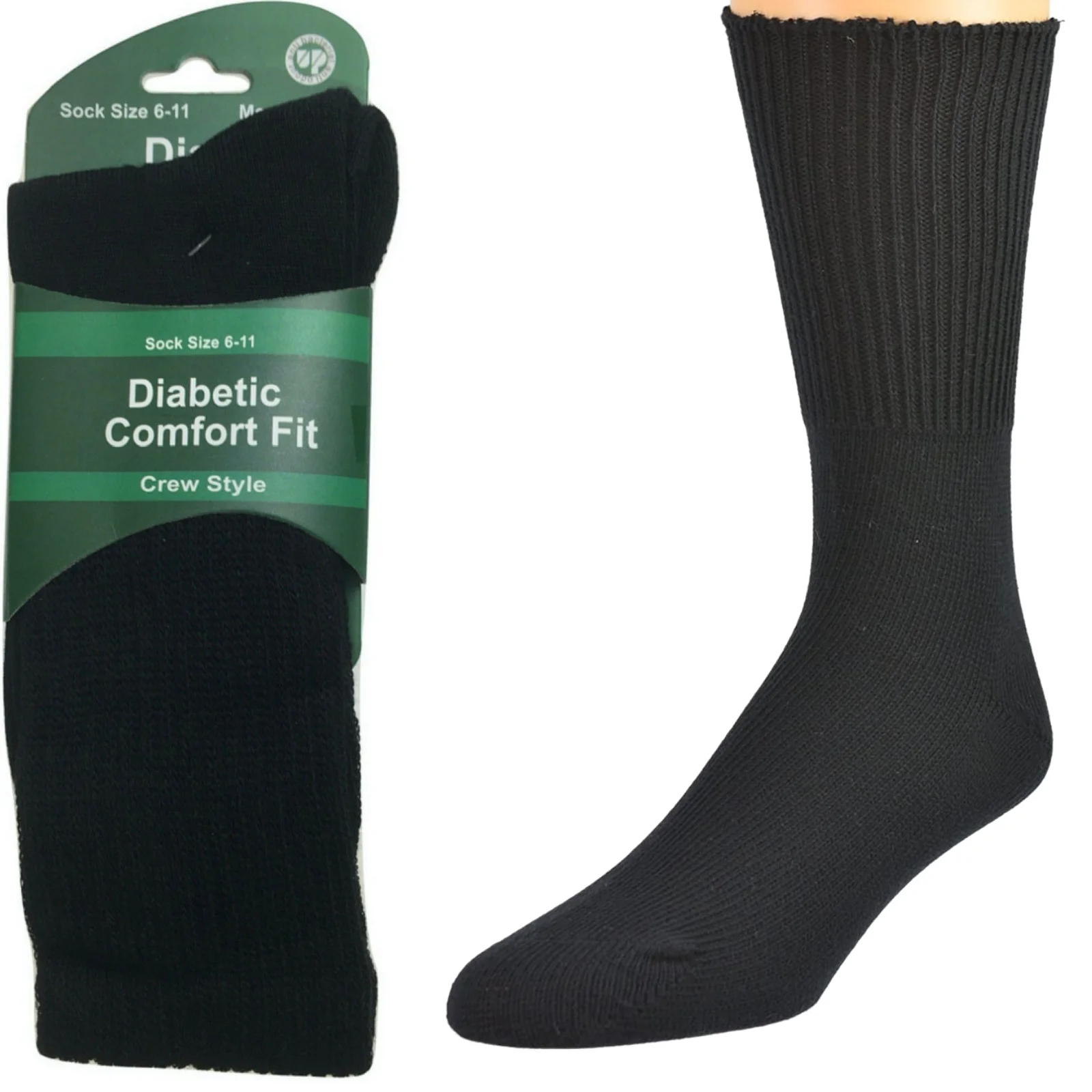 1 Pair DIABETIC BAMBOO Socks Work Socks Medical Loose Top Crew Cushion BLACK - 6-11