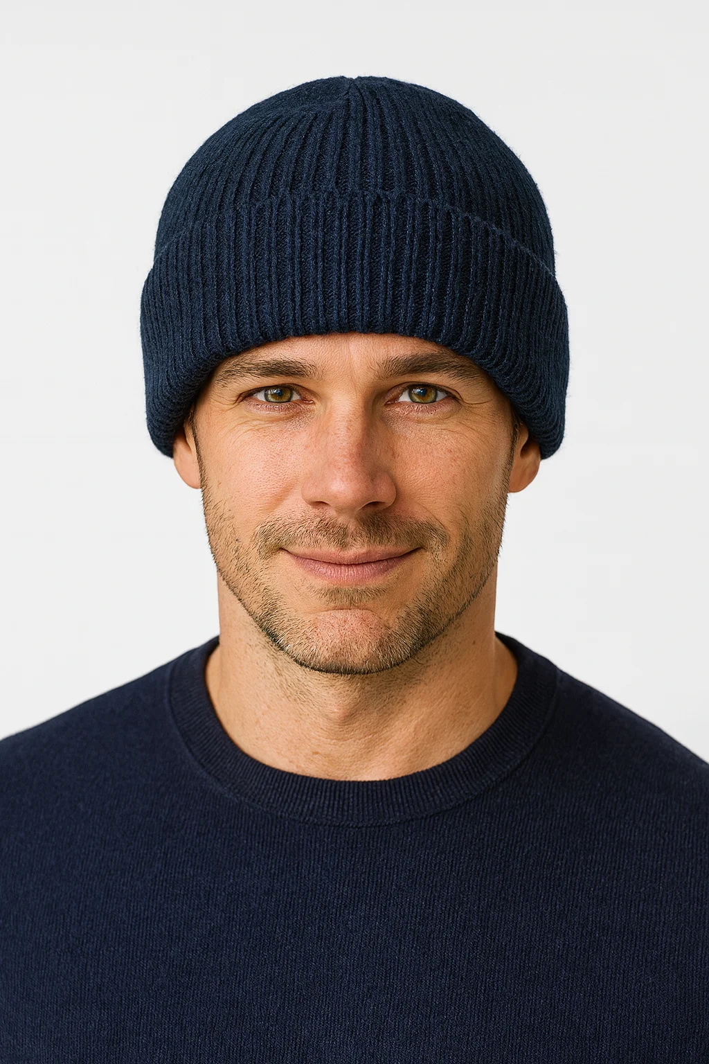 Mens Shetland Ragg Wool Beanie Hat Fishermans Rib Winter Knit Ski Pull On  - Navy