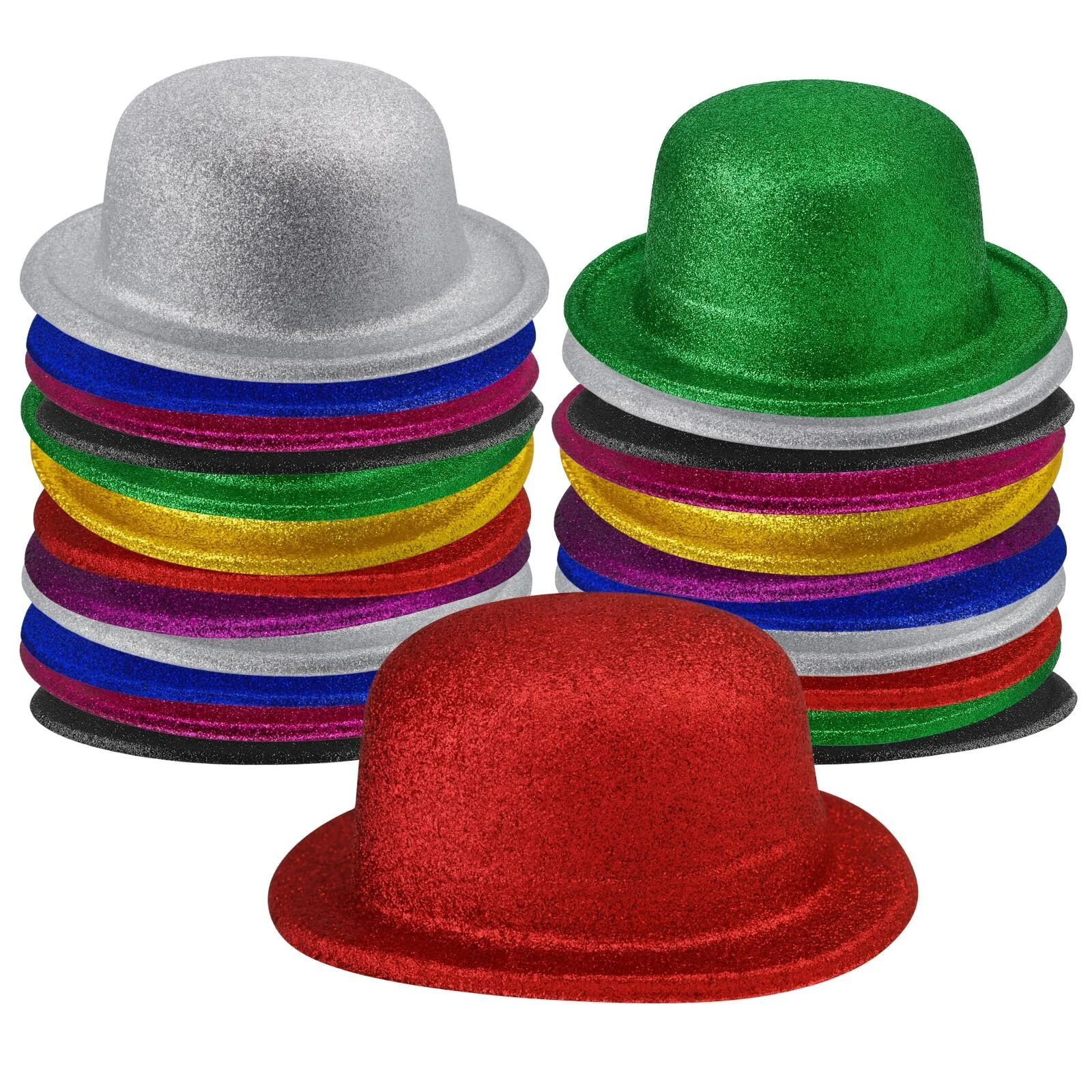 24x GLITTER BOWLER HAT Fancy Party Plastic Costume Cap Fun Dress Up Sparkle BULK - Assorted Colours