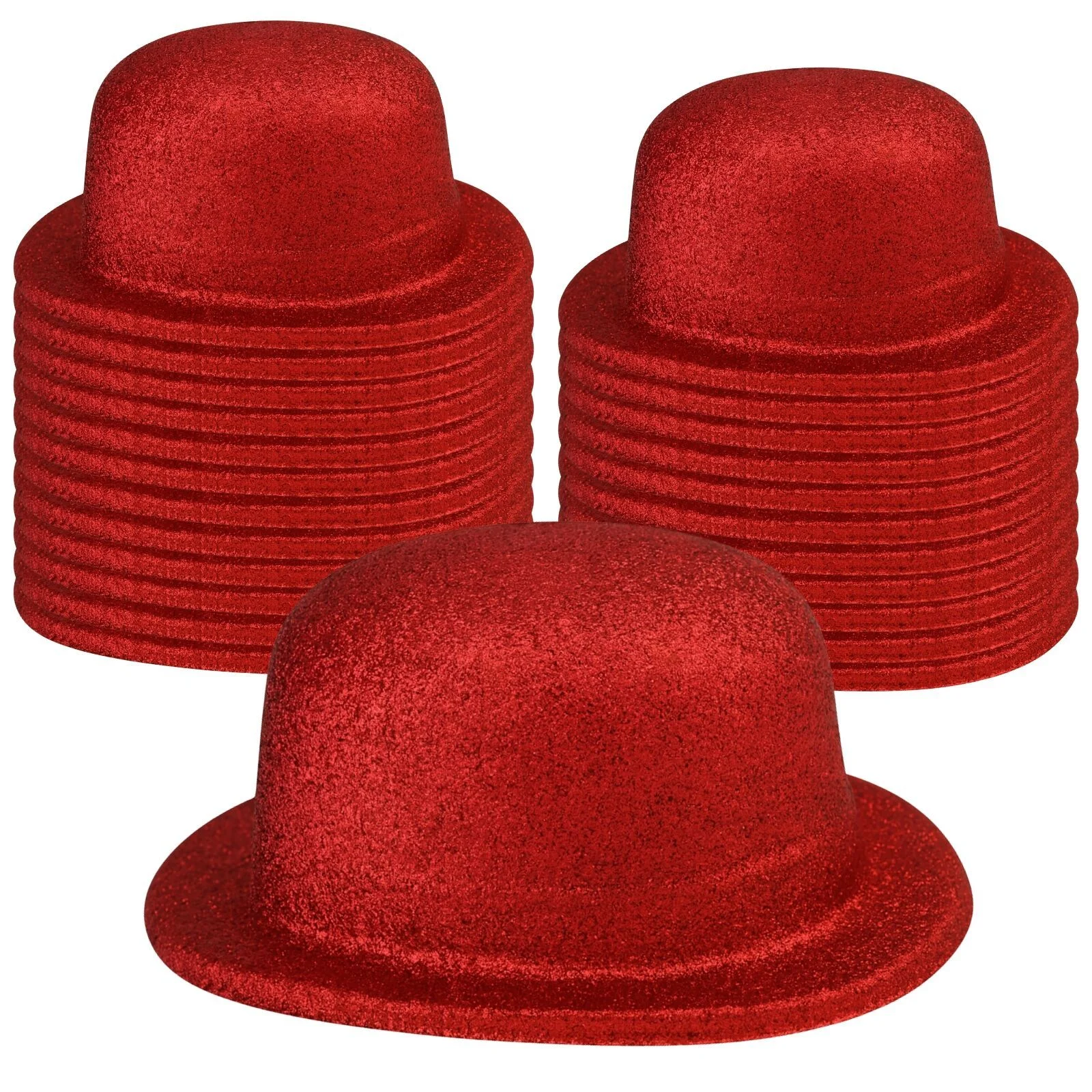 24x GLITTER BOWLER HAT Fancy Party Plastic Costume Cap Fun Dress Up Sparkle BULK - Red
