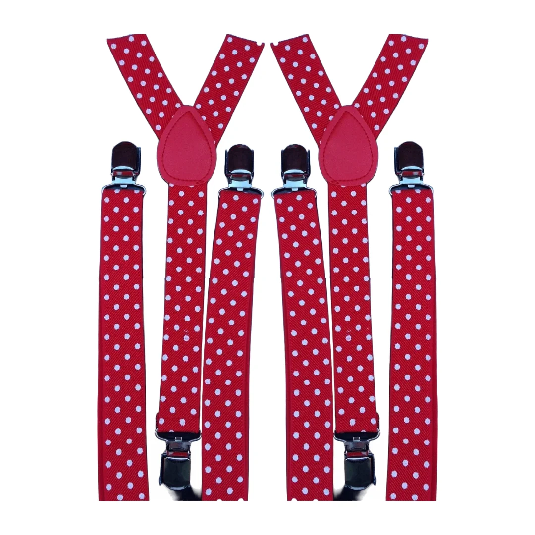 2x Mens Suspenders Braces Adjustable Strong Clip On Elastic Formal Wedding Slim - Red with White Polka Dot