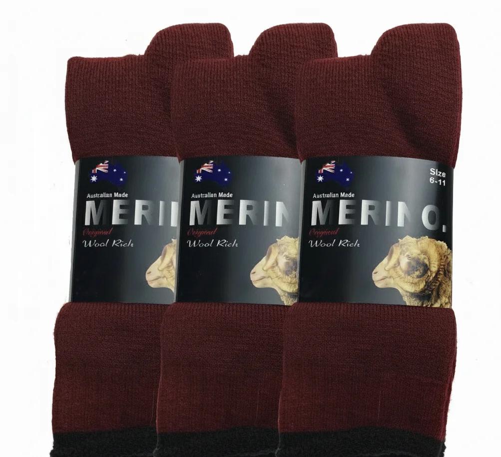 3 Pairs MERINO WOOL SOCKS Mens Heavy Duty Premium Thick Work Socks Cushion - Burgundy - 11-14
