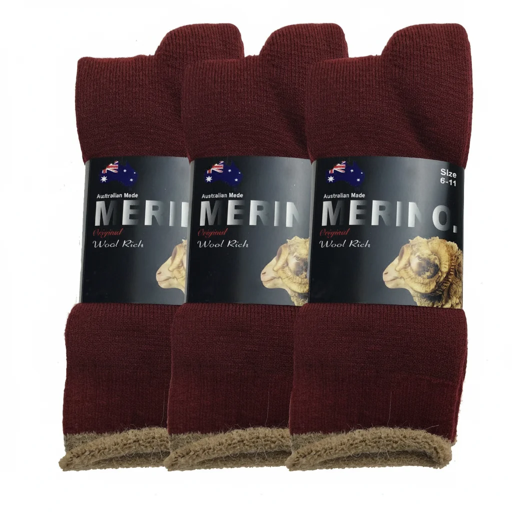 3 Pairs MERINO WOOL SOCKS Mens Heavy Duty Premium Thick Work Socks Cushion - Burgundy - 6-11