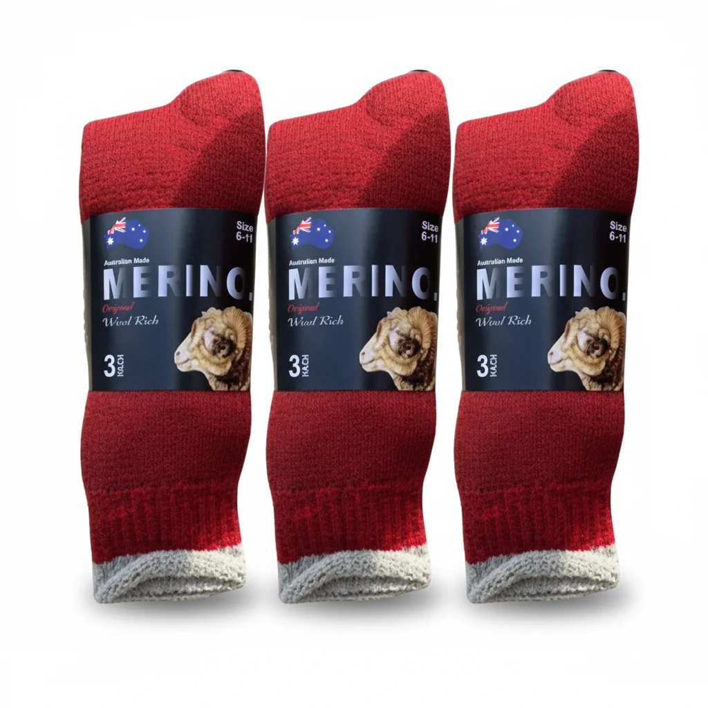 3 Pairs MERINO WOOL SOCKS Mens Heavy Duty Premium Thick Work Socks Cushion - Red - 6-11