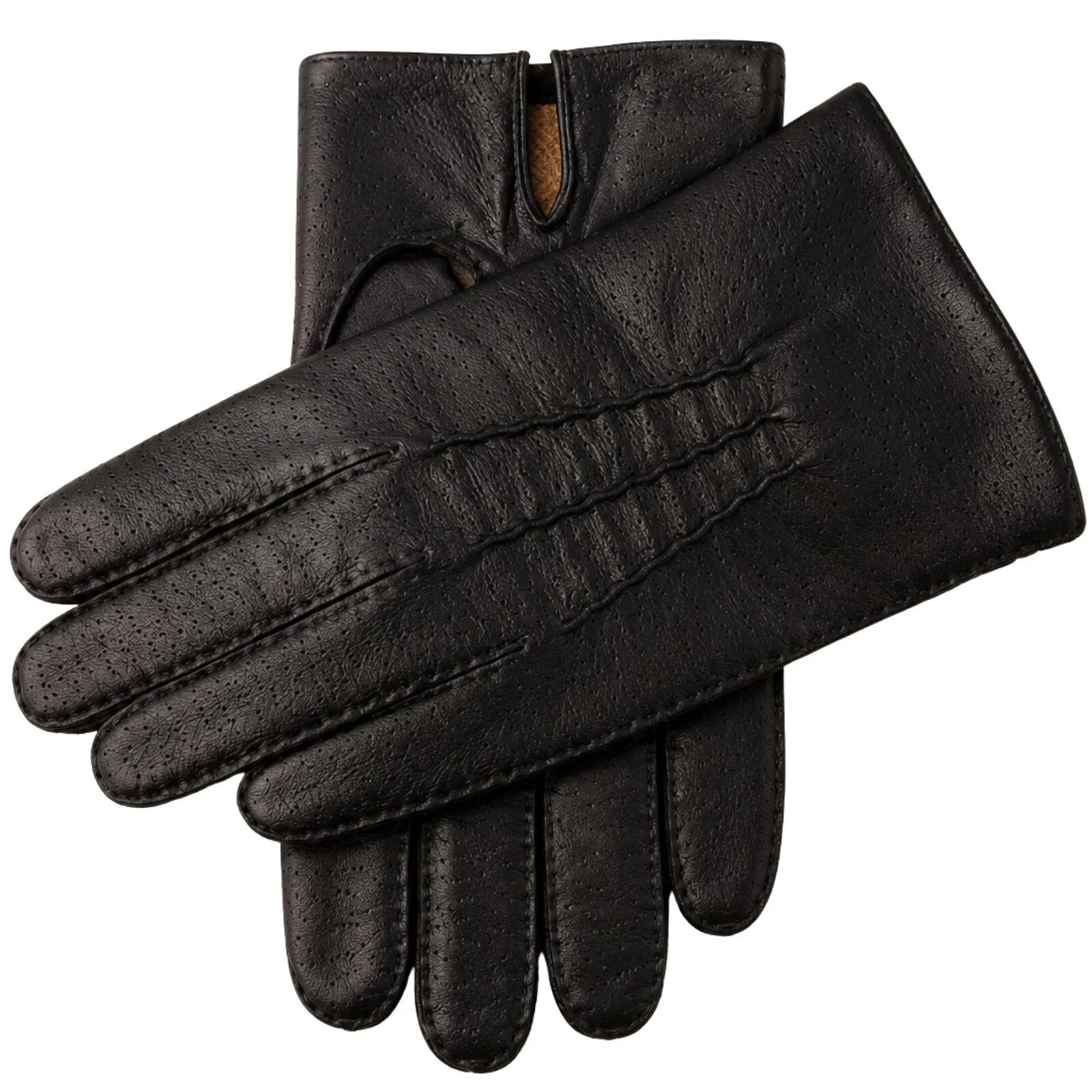 Kent Mens Perforated Leather Gloves 3 Point Stitch Palm Vent Lined - Black