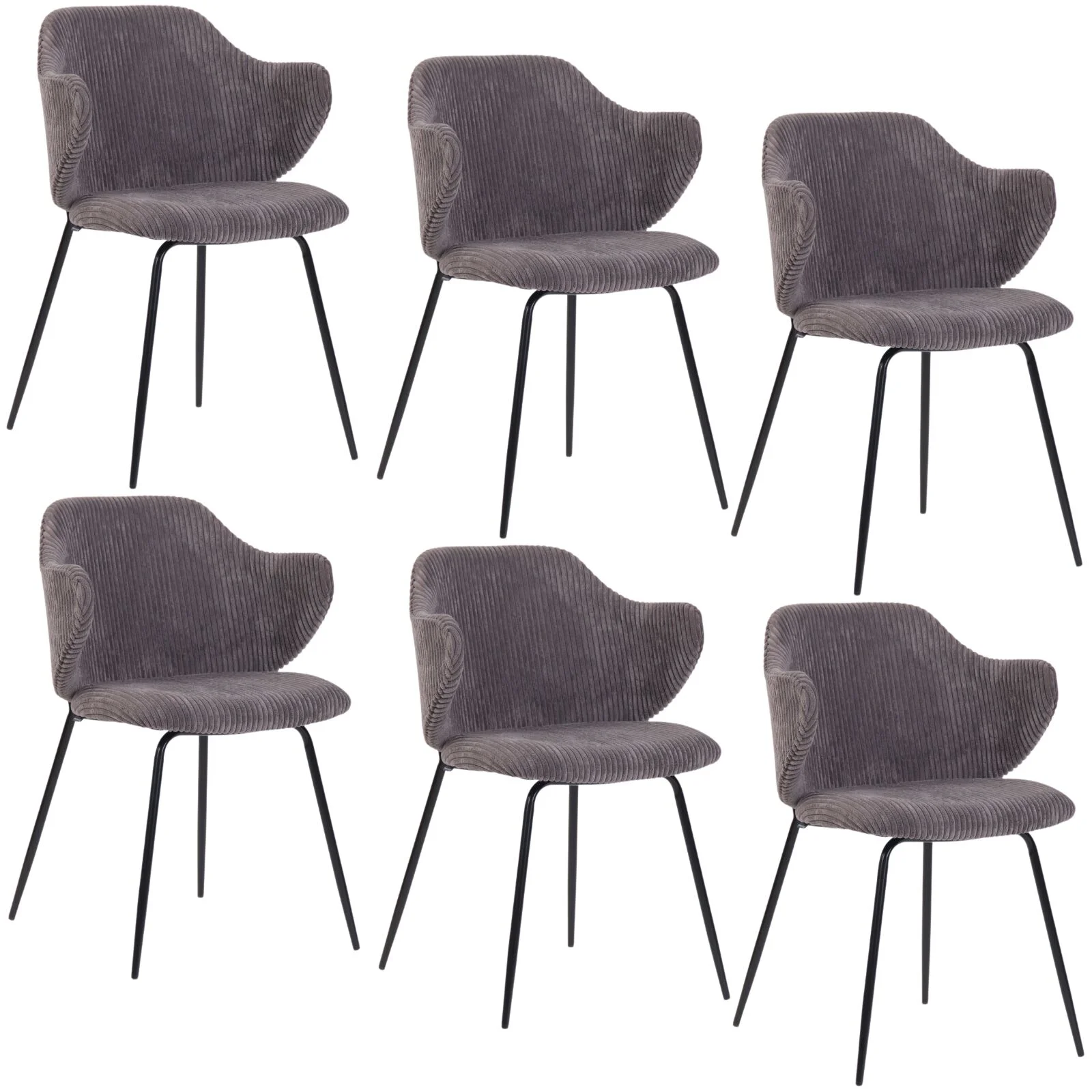 Set of 6 Dining Chairs with Corduroy Cord Fabric in Dark Grey Lincoln
