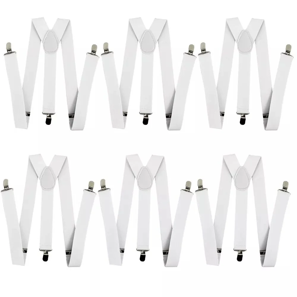 6x Mens Suspenders Braces Adjustable Strong Clip On Elastic Formal Wedding BULK - White