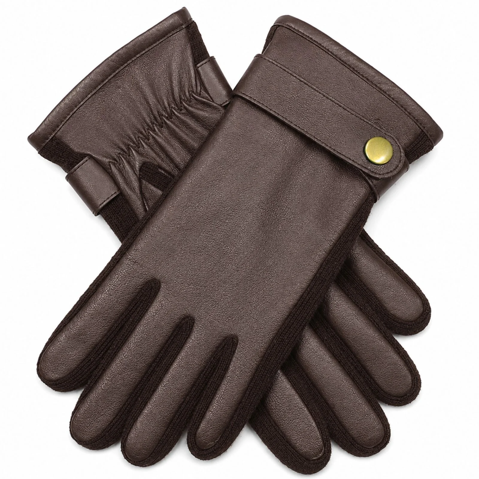 Mens Premium Kangaroo Leather Gloves Strap Stud Fastening Winter Warm - Brown