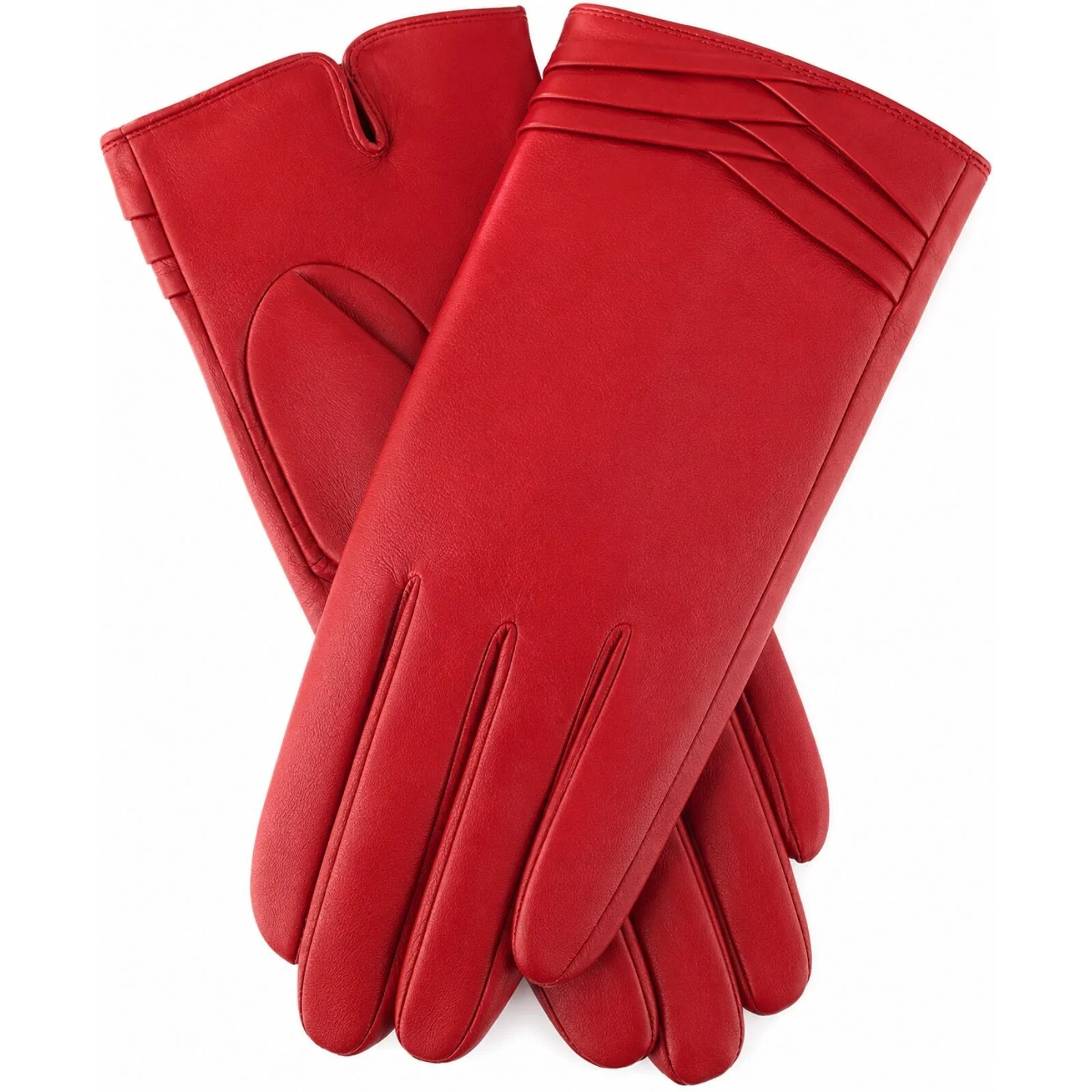 Womens Genuine Leather Gloves Fine Fleece Thermal Lining Pleat Detail - Berry
