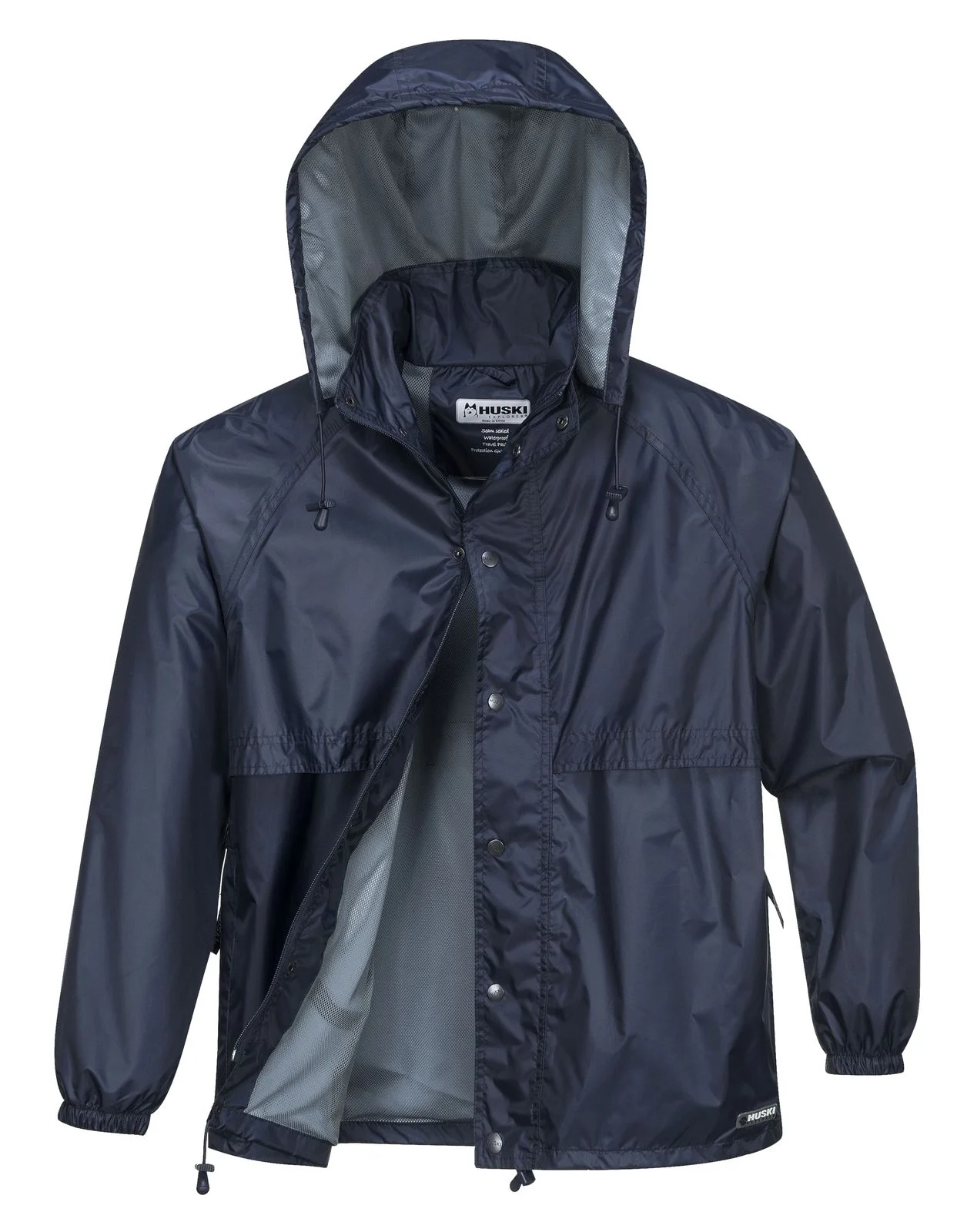 HUSKI STRATUS RAIN JACKET Waterproof Workwear Concealed Hood Windproof Packable - Navy Blue