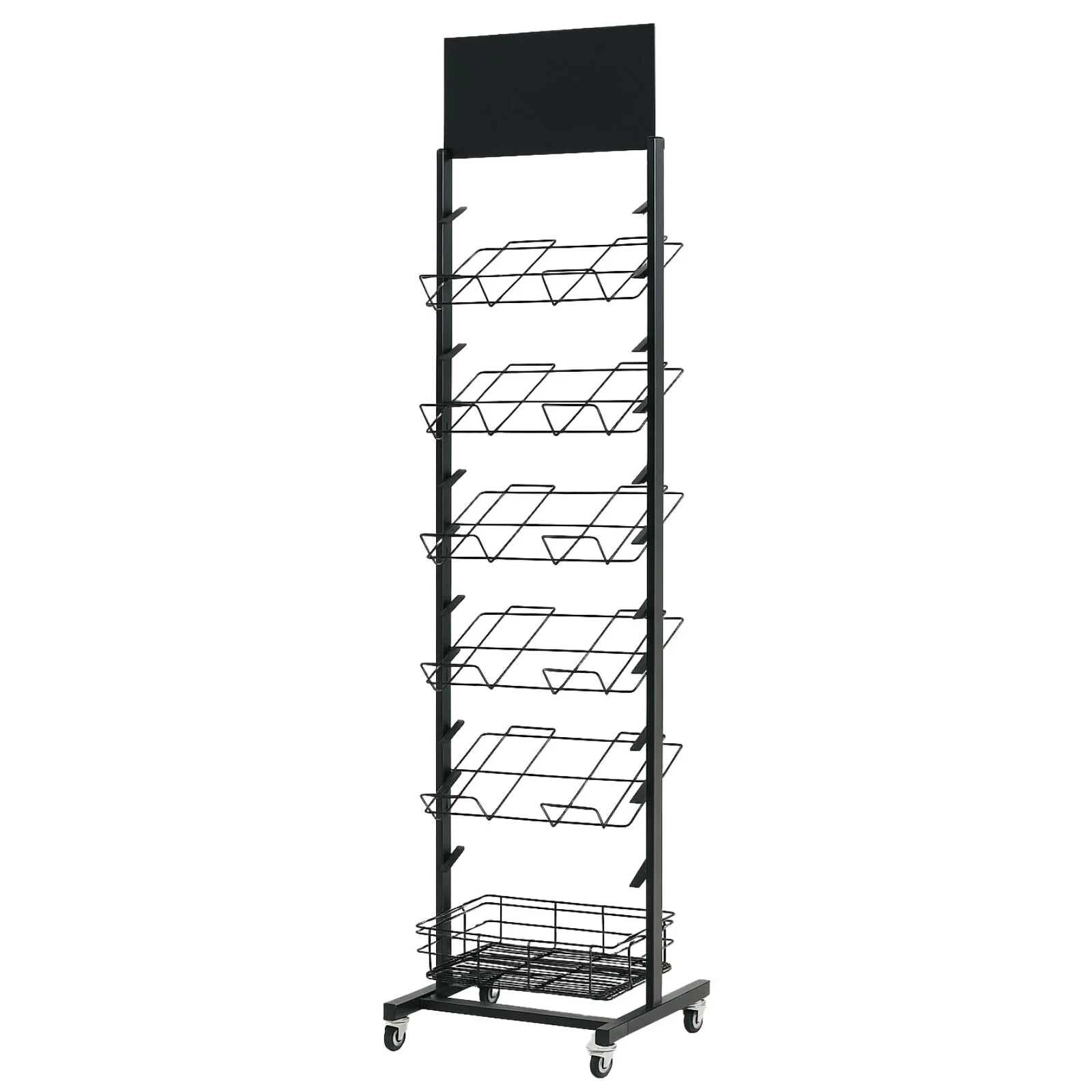 12 Tier Placemat Brochure Magazine Newspaper Display Rack Storage Stand on Wheels - Black Frame