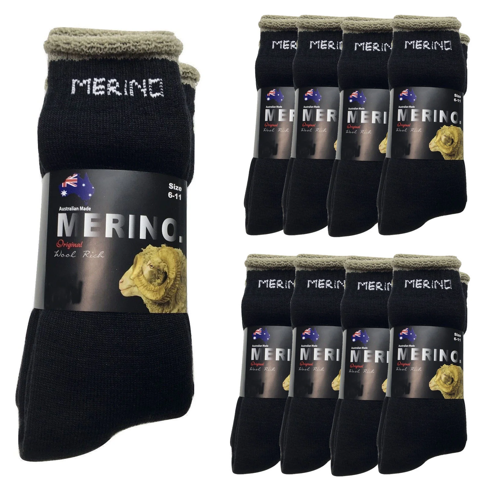 9 Pairs MERINO WOOL SOCKS Mens Heavy Duty Premium Thick Work Socks Cushion BULK - Black - 6-11
