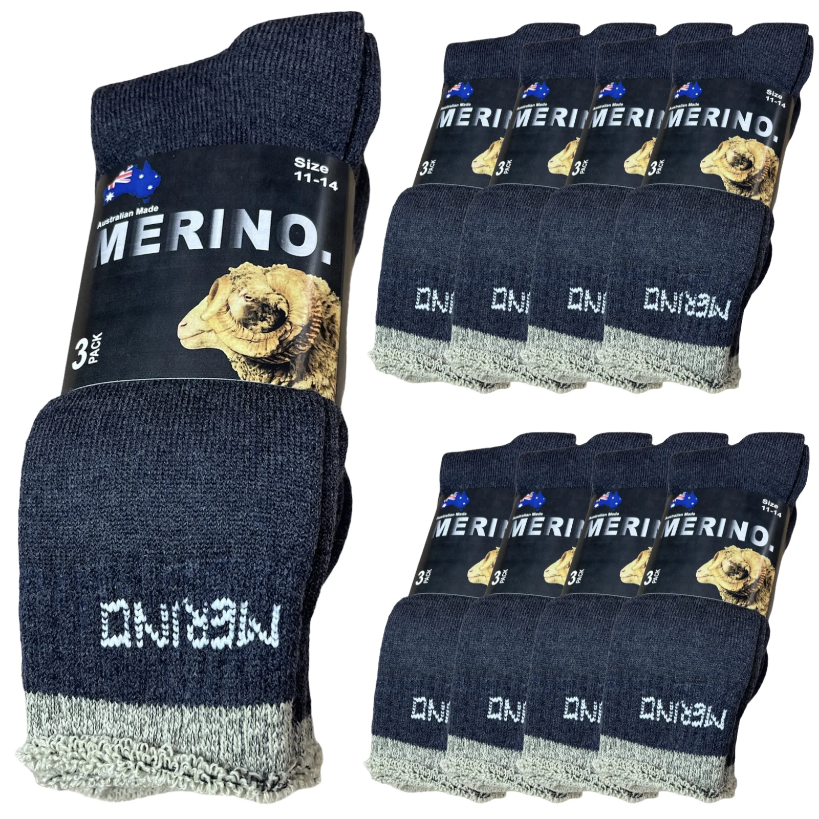 9 Pairs MERINO WOOL SOCKS Mens Heavy Duty Premium Thick Work Socks Cushion BULK - Navy Blue - 11-14