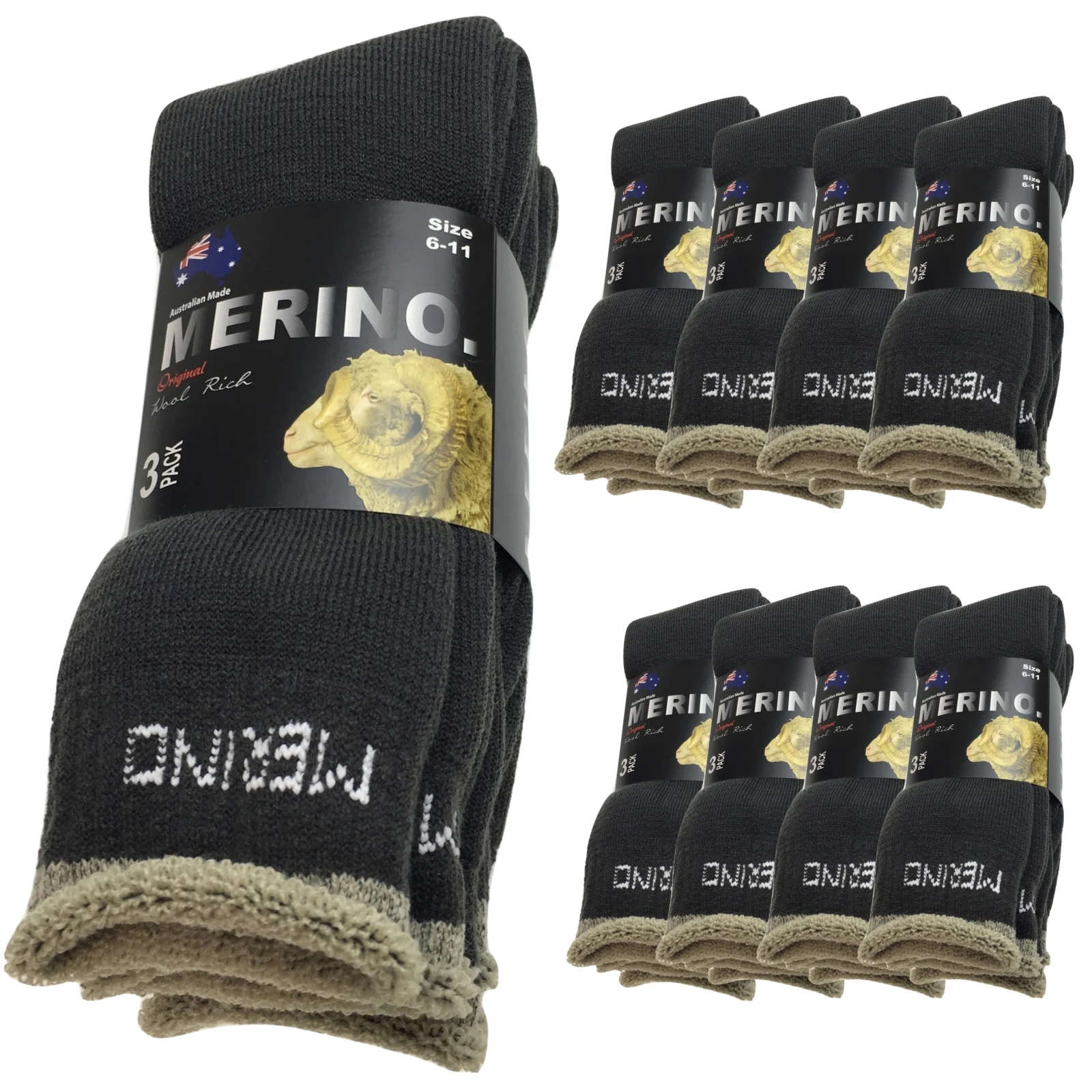 9 Pairs MERINO WOOL SOCKS Mens Heavy Duty Premium Thick Work Socks Cushion BULK - Olive - 11-14
