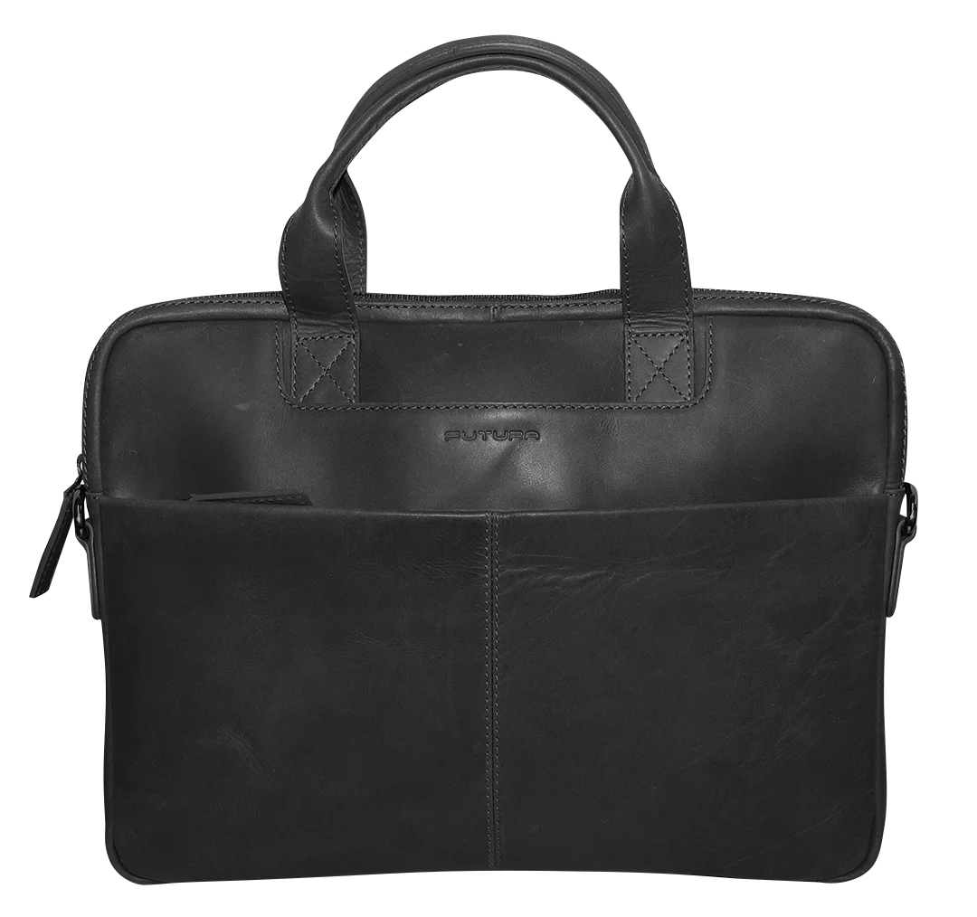 Futura Mens Slimline Leather Laptop Bag School Work Satchel Shoulder Strap - Black