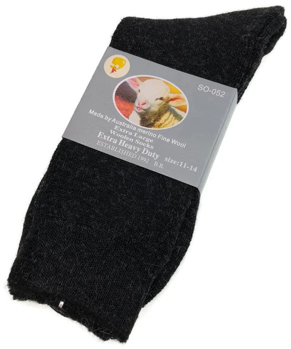 1 Pair Merino Wool Blend Woolen Work Socks Hiking Heavy Duty Warm Winter Thermal - Black - 11-14