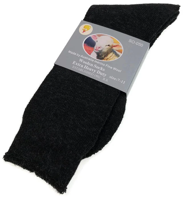 1 Pair Merino Wool Blend Woolen Work Socks Hiking Heavy Duty Warm Winter Thermal - Black - 7-11