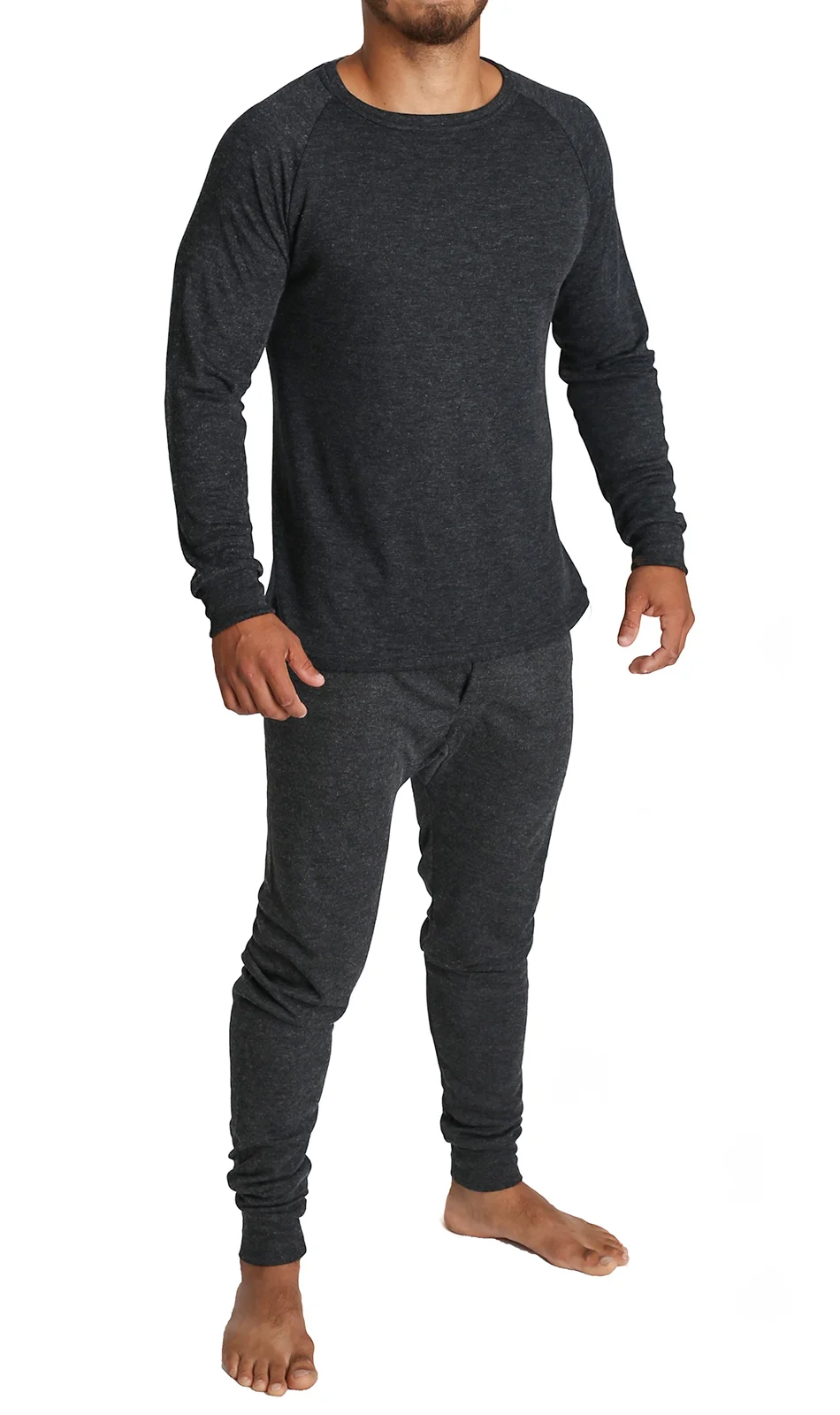 2pcs Set Mens Merino Wool Blend Long Sleeve Thermal Top & Long Johns Pants Underwear - Black - M