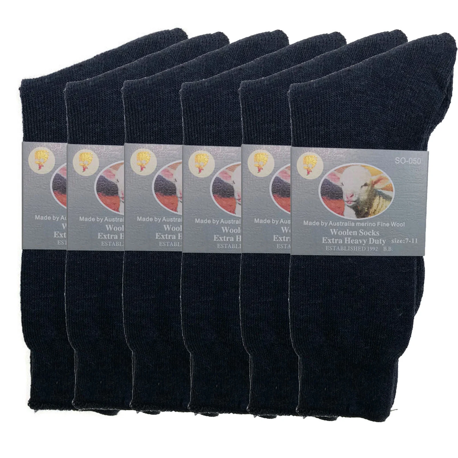 6 Pairs Merino Wool Blend Woolen Work Socks Hiking Heavy Duty Warm Thermal Bulk - Navy - 11-14