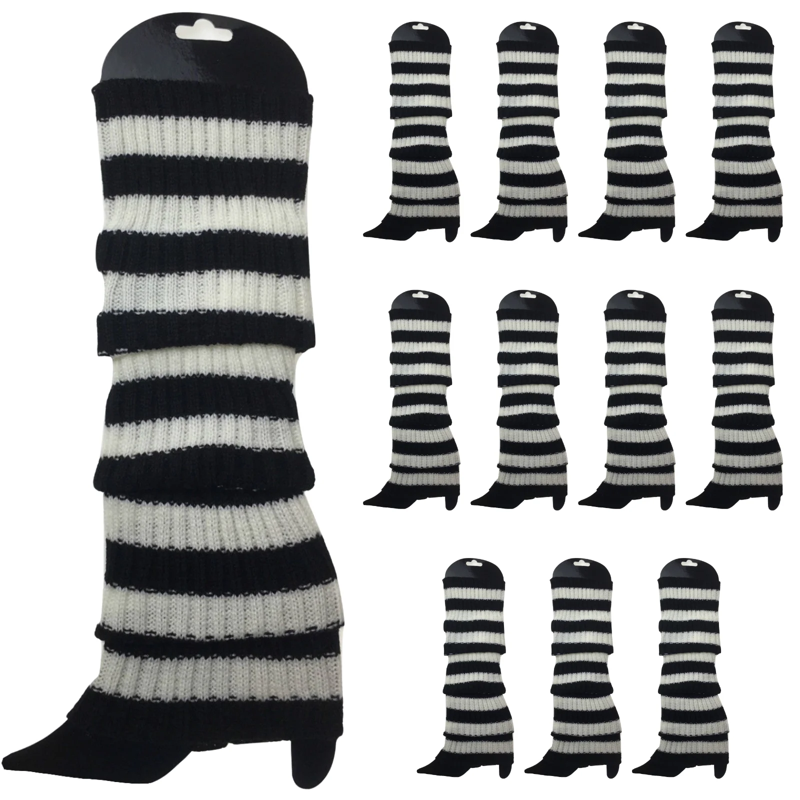 12x LEG WARMERS Knitted Womens Costume Neon Dance Party Knit 80s BULK - Black/White Stripe