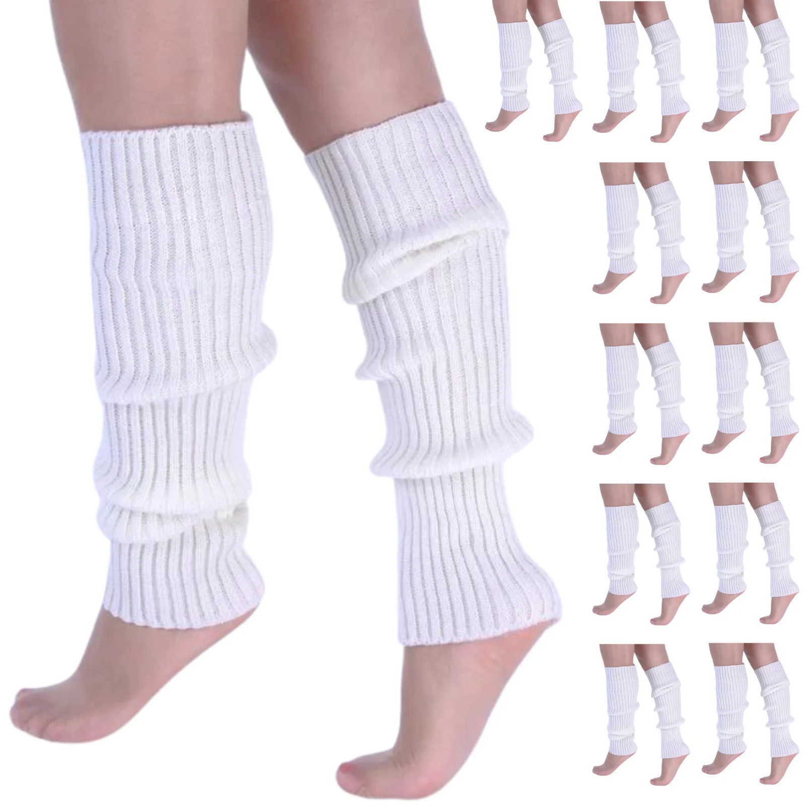 12x LEG WARMERS Knitted Womens Costume Neon Dance Party Knit 80s BULK - White