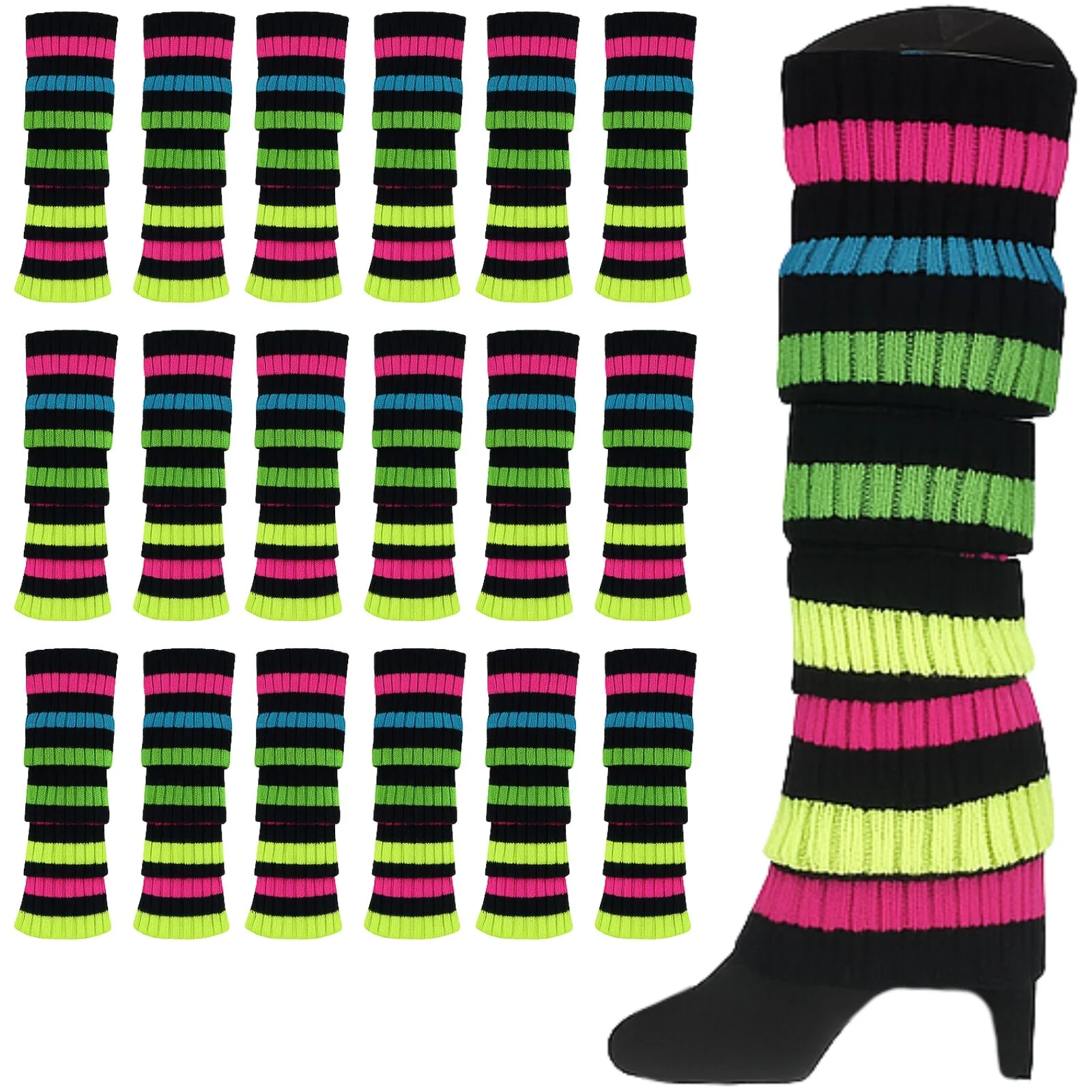 24x Womens Leg Warmers Disco Winter Knit Dance Party Crochet Legging Socks Costume - Rainbow with Black Stripe