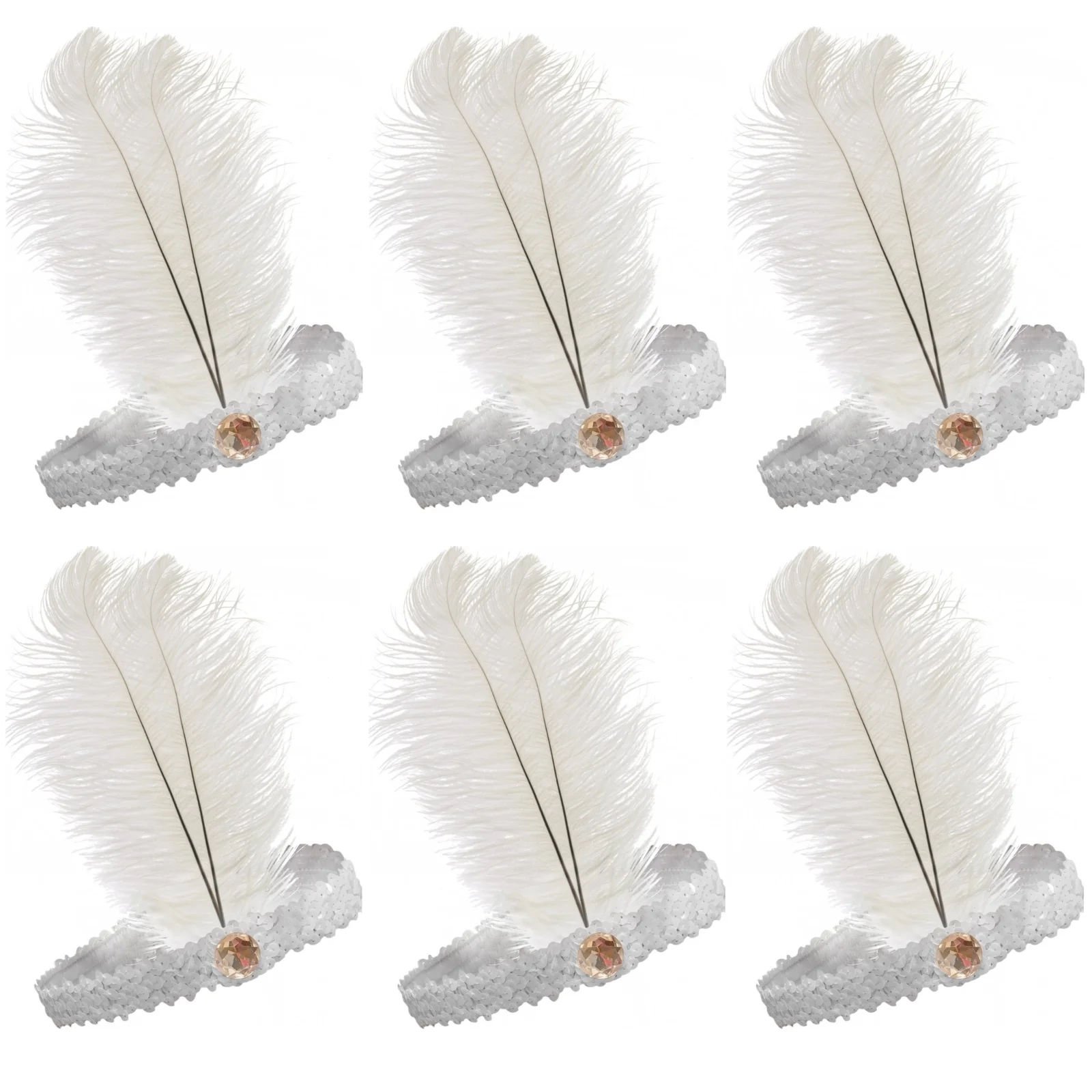 6x 1920s FLAPPER HEADBAND Headpiece Feather Sequin Charleston Costume Party BULK - White