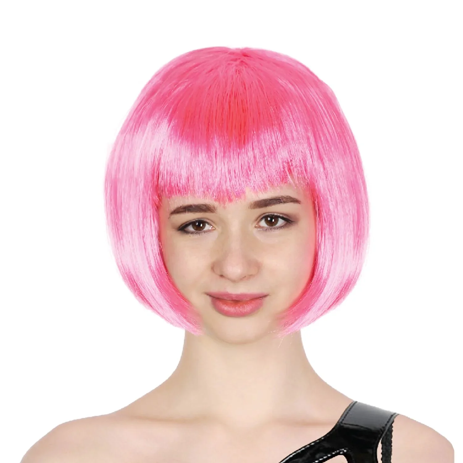 Bob Wig Costume Short Straight Fringe Cosplay Party Full Hair Womens Fancy Dress - Hot Pink